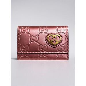 Gucci Guccissima Lovely Hearts Metallic Burgundy 6 Hook Key Holder Wallet Case